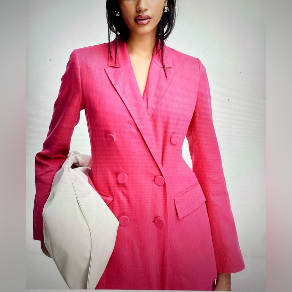 Asos Design Double Breasted Linen Mix Suit Blazer In Hot Pink . Size 6.